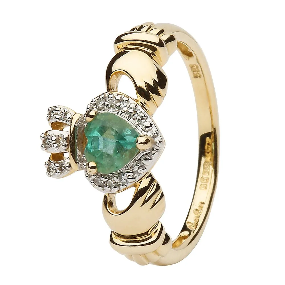 Ladies 14K Yellow Gold Claddagh Ring with Emerald and Diamonds - SL-14L82E