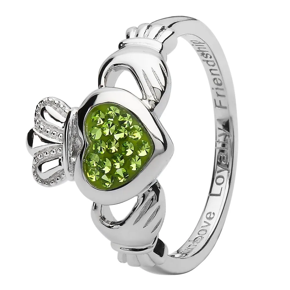 Ladies Silver Peridot Crystal Claddagh Ring SL-SW86