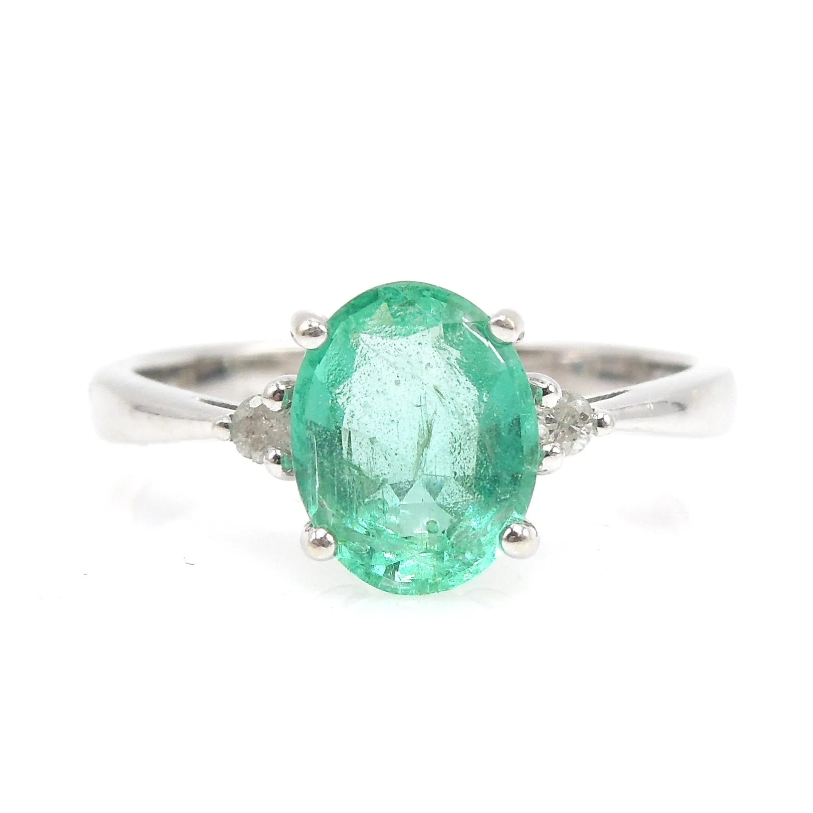 Large Light Oval Emerald (~1.8ct) in White Gold Mounting with Accent Diamonds
