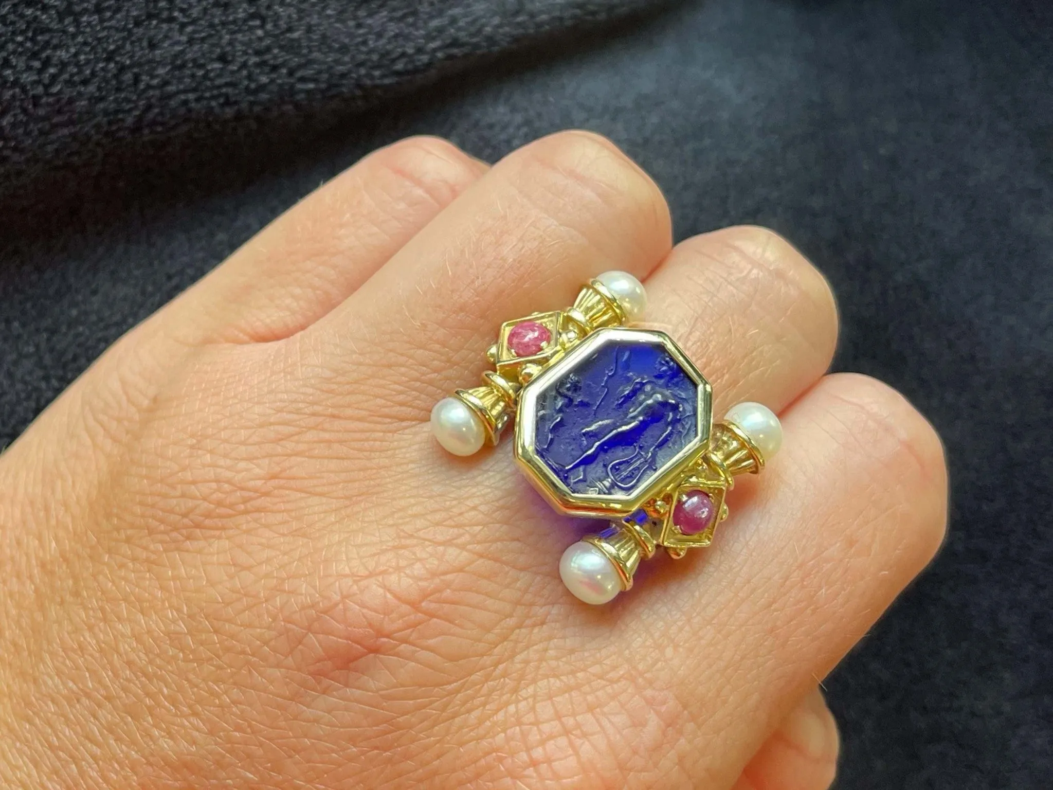 Large Vintage Blue Glass Cameo Ruby and Pearl Ring in 14k Yellow Gold