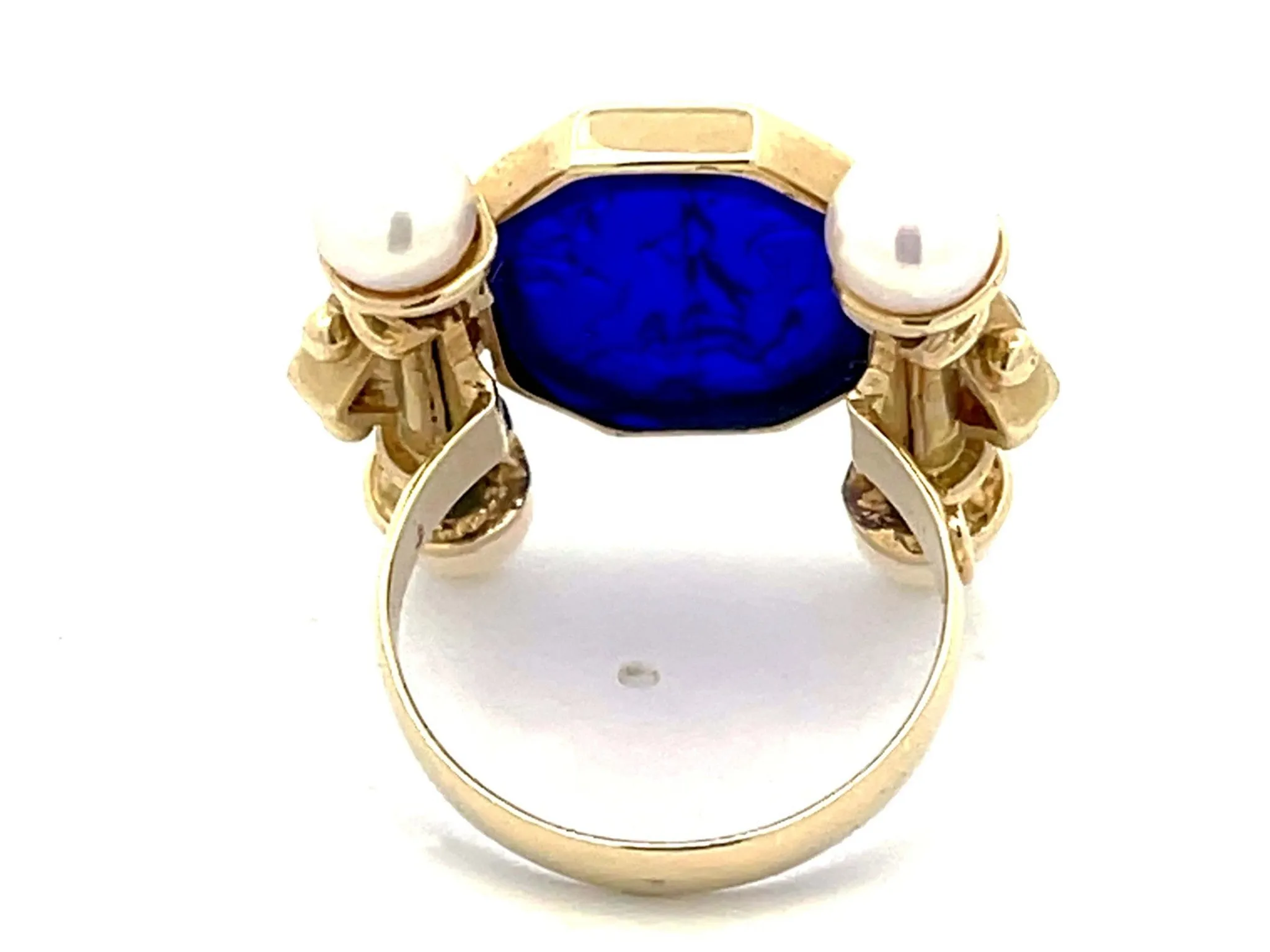 Large Vintage Blue Glass Cameo Ruby and Pearl Ring in 14k Yellow Gold