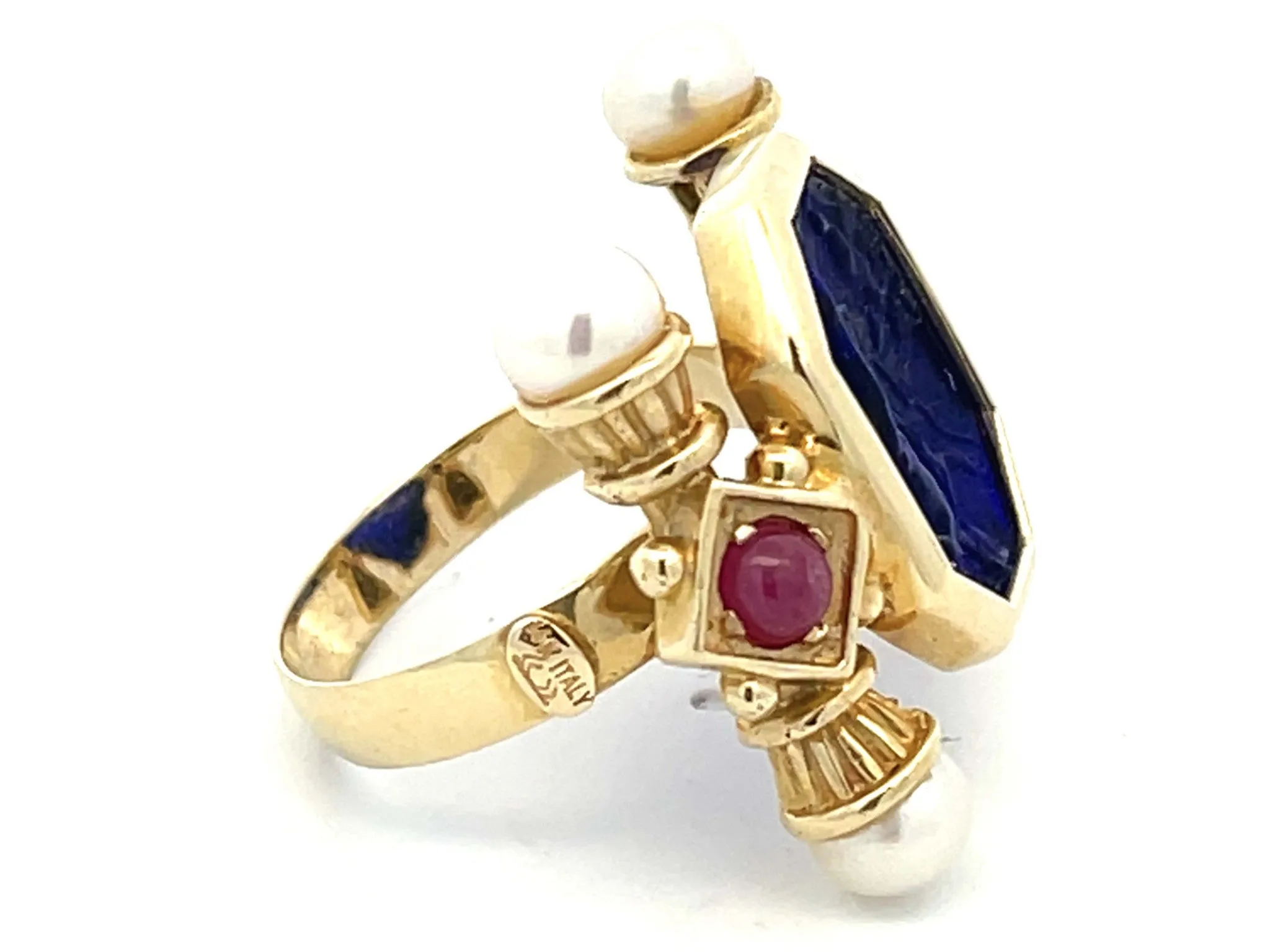 Large Vintage Blue Glass Cameo Ruby and Pearl Ring in 14k Yellow Gold