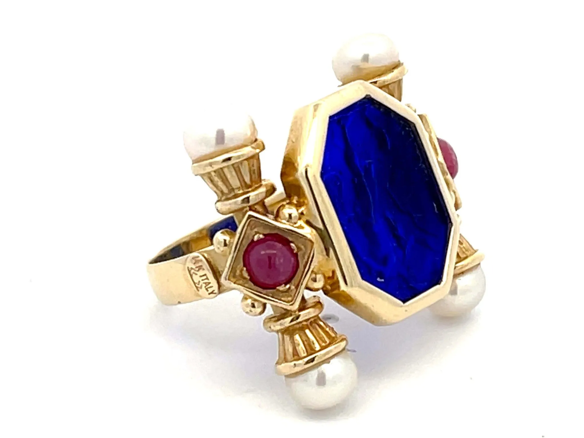 Large Vintage Blue Glass Cameo Ruby and Pearl Ring in 14k Yellow Gold