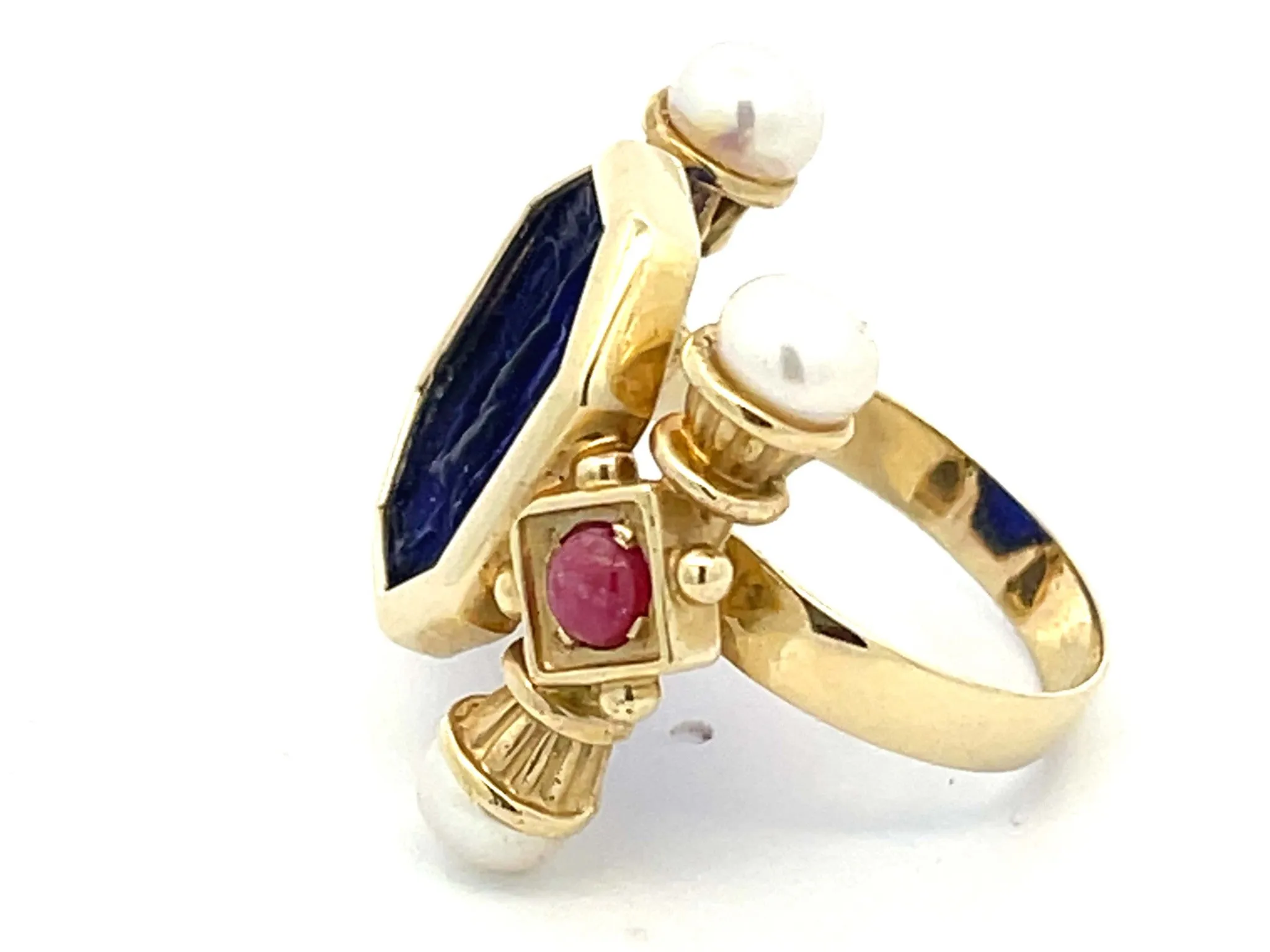 Large Vintage Blue Glass Cameo Ruby and Pearl Ring in 14k Yellow Gold