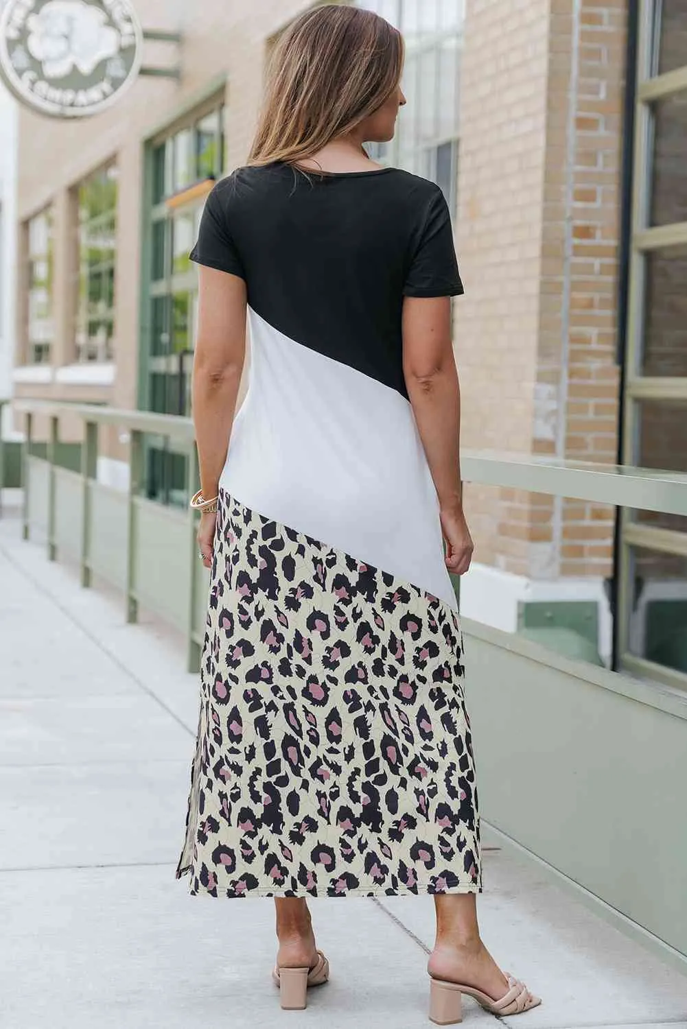 Leopard Print Color Block V-Neck With Pocket Slit Dress
