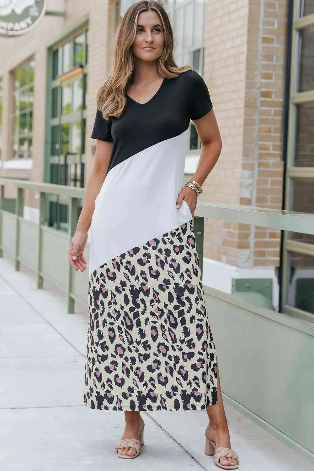 Leopard Print Color Block V-Neck With Pocket Slit Dress