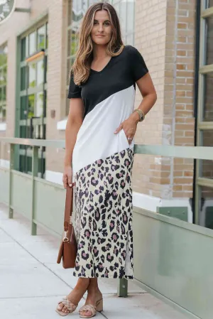 Leopard Print Color Block V-Neck With Pocket Slit Dress