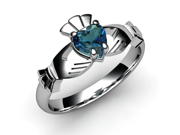 London Blue Topaz 14K White Gold Claddagh Ring <font color="#FF0000"> IN STOCK!  Ships in 48 Hours!</font>
