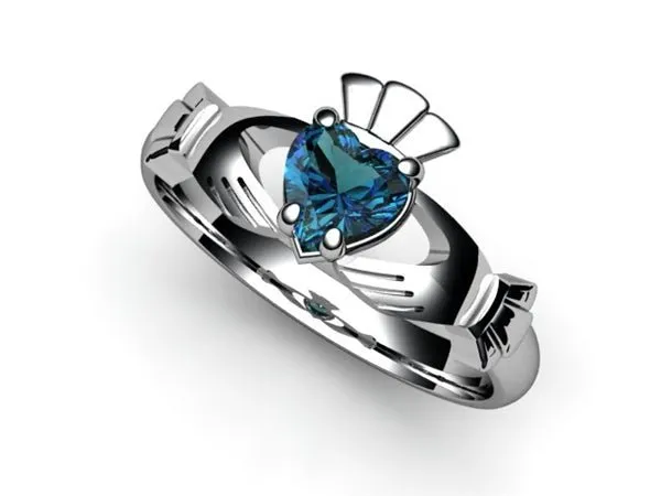 London Blue Topaz 14K White Gold Claddagh Ring <font color="#FF0000"> IN STOCK!  Ships in 48 Hours!</font>