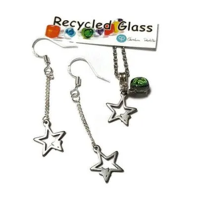 Long star earrings and pendant jewelry set. Purple and green Recycled fused glass bead necklace. Dainty celestial jewelry. Magical