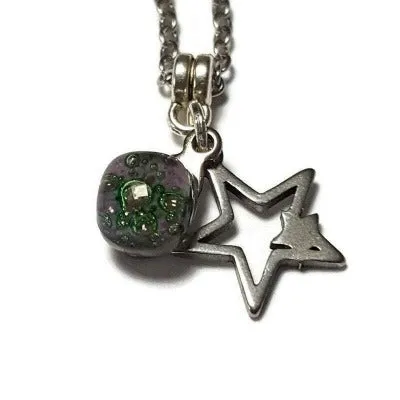 Long star earrings and pendant jewelry set. Purple and green Recycled fused glass bead necklace. Dainty celestial jewelry. Magical