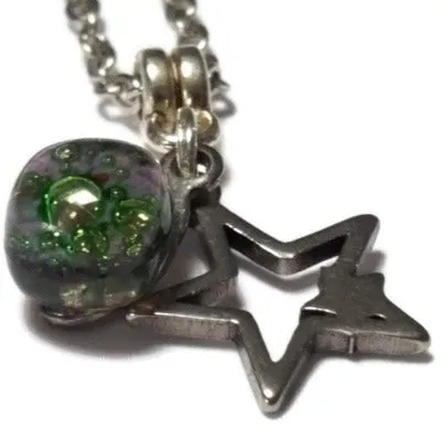 Long star earrings and pendant jewelry set. Purple and green Recycled fused glass bead necklace. Dainty celestial jewelry. Magical