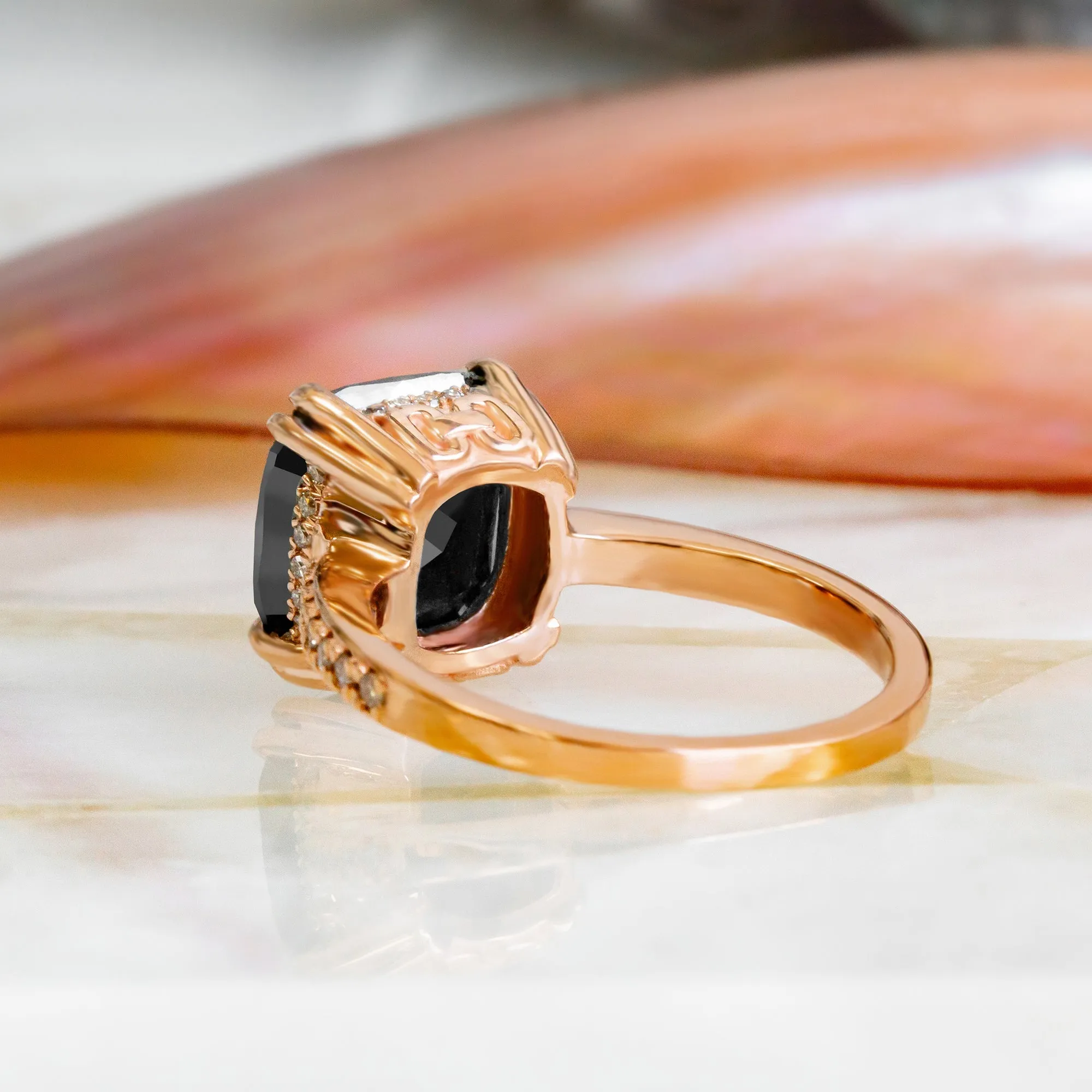 Magellanic Cloud  Art Deco  Natural Black Diamond Cushion Engagement Ring