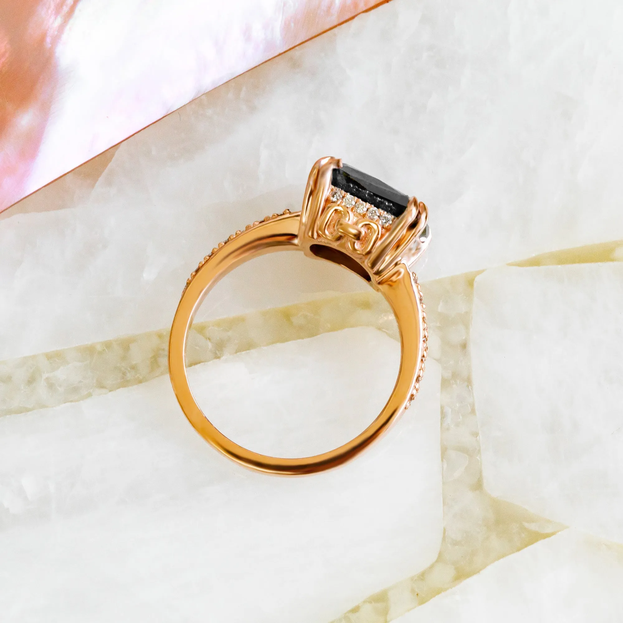 Magellanic Cloud  Art Deco  Natural Black Diamond Cushion Engagement Ring