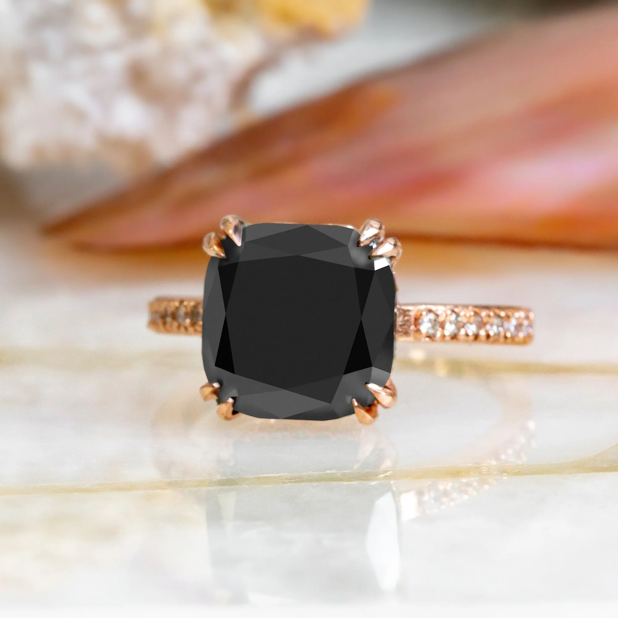 Magellanic Cloud  Art Deco  Natural Black Diamond Cushion Engagement Ring