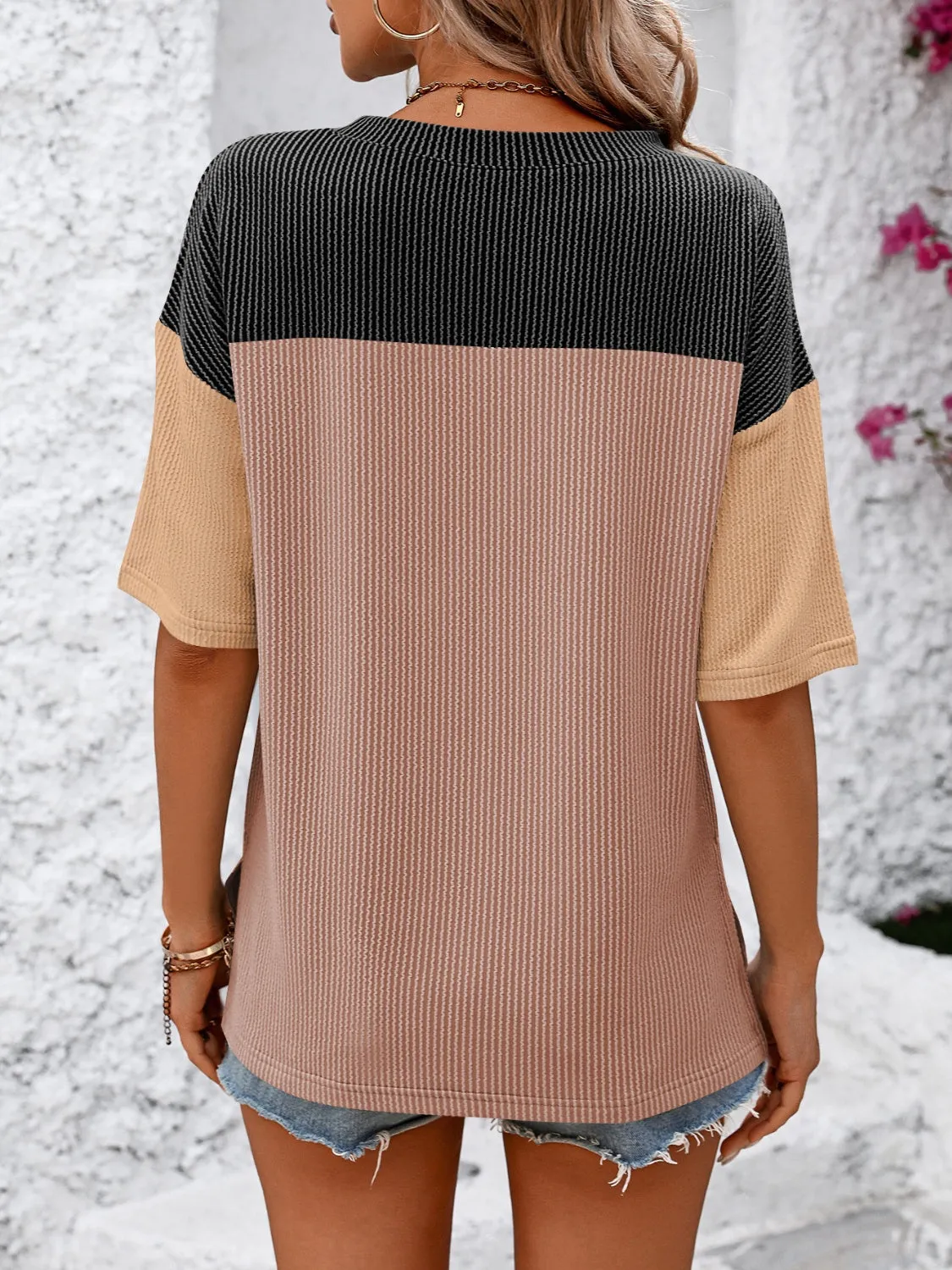 Mandy Color Block Round Neck Half Sleeve Top (6 Colors)