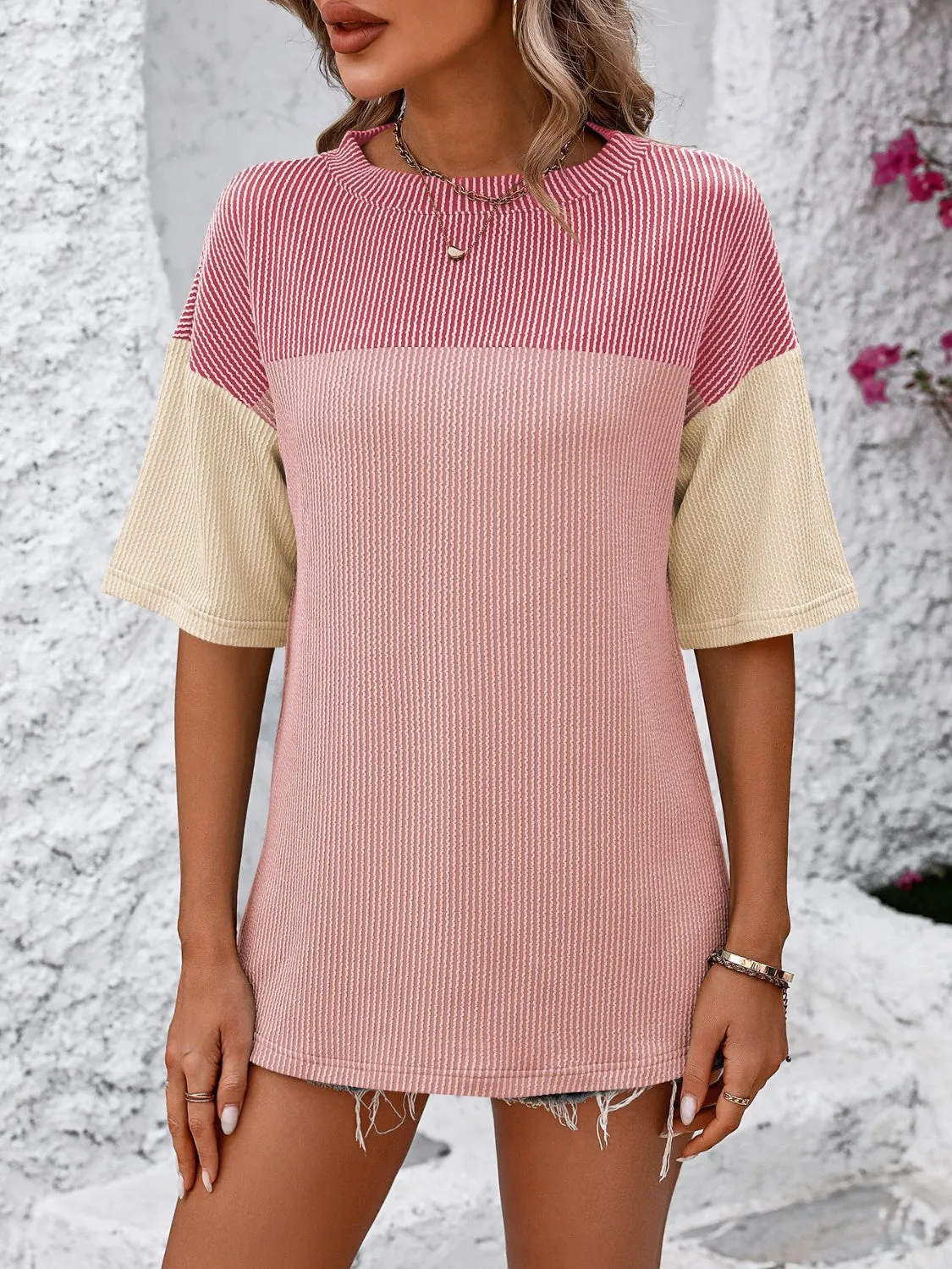 Mandy Color Block Round Neck Half Sleeve Top (6 Colors)