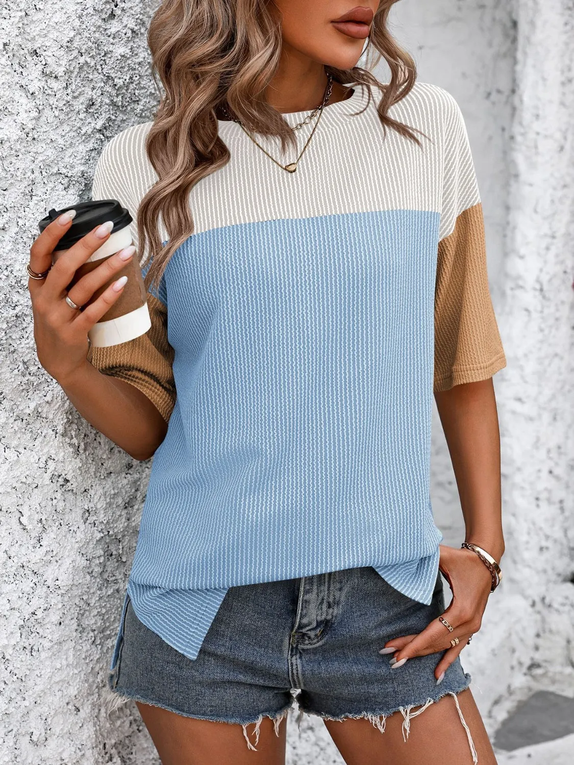 Mandy Color Block Round Neck Half Sleeve Top (6 Colors)
