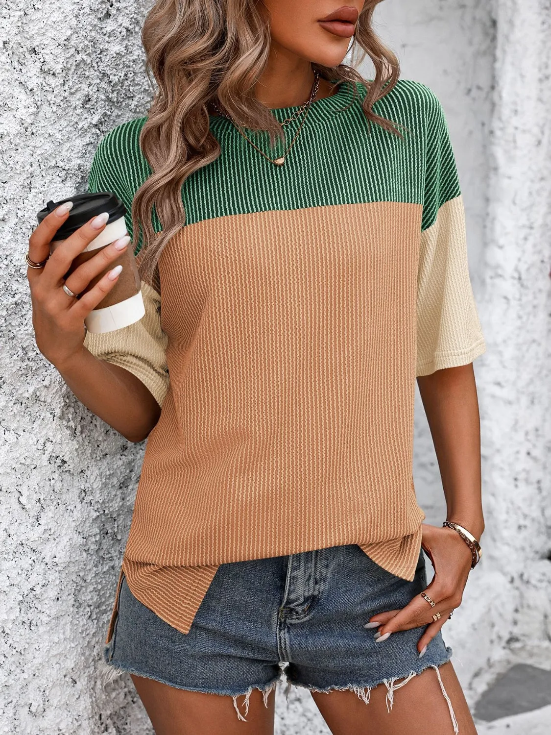 Mandy Color Block Round Neck Half Sleeve Top (6 Colors)