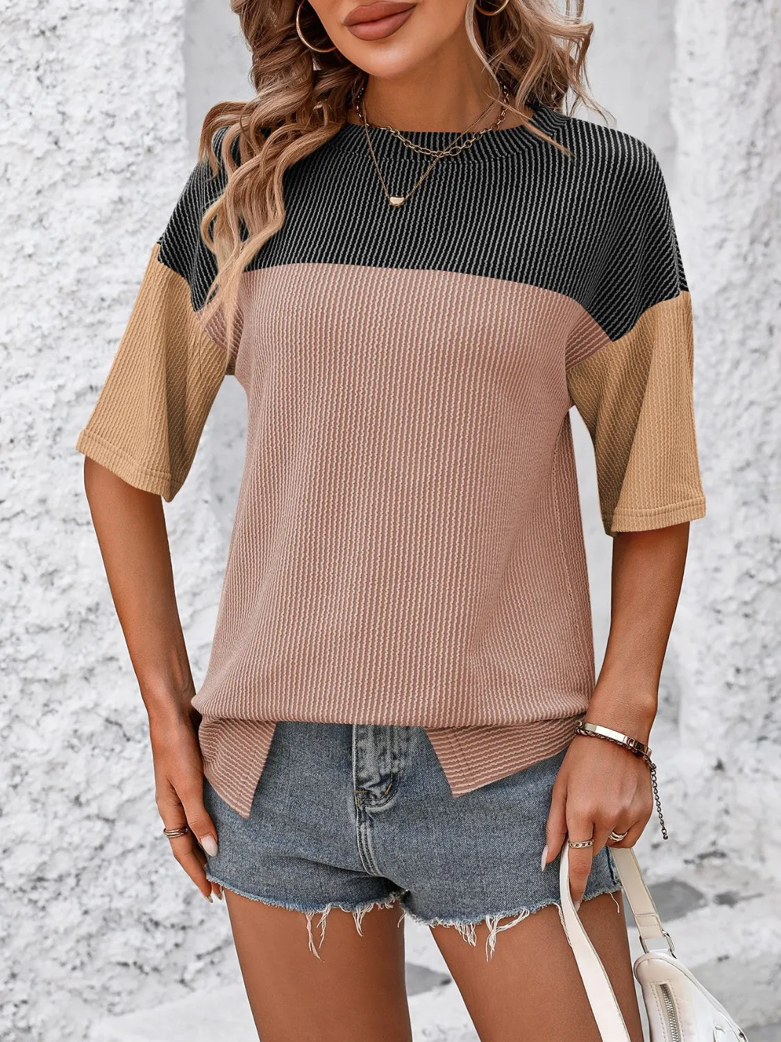 Mandy Color Block Round Neck Half Sleeve Top (6 Colors)