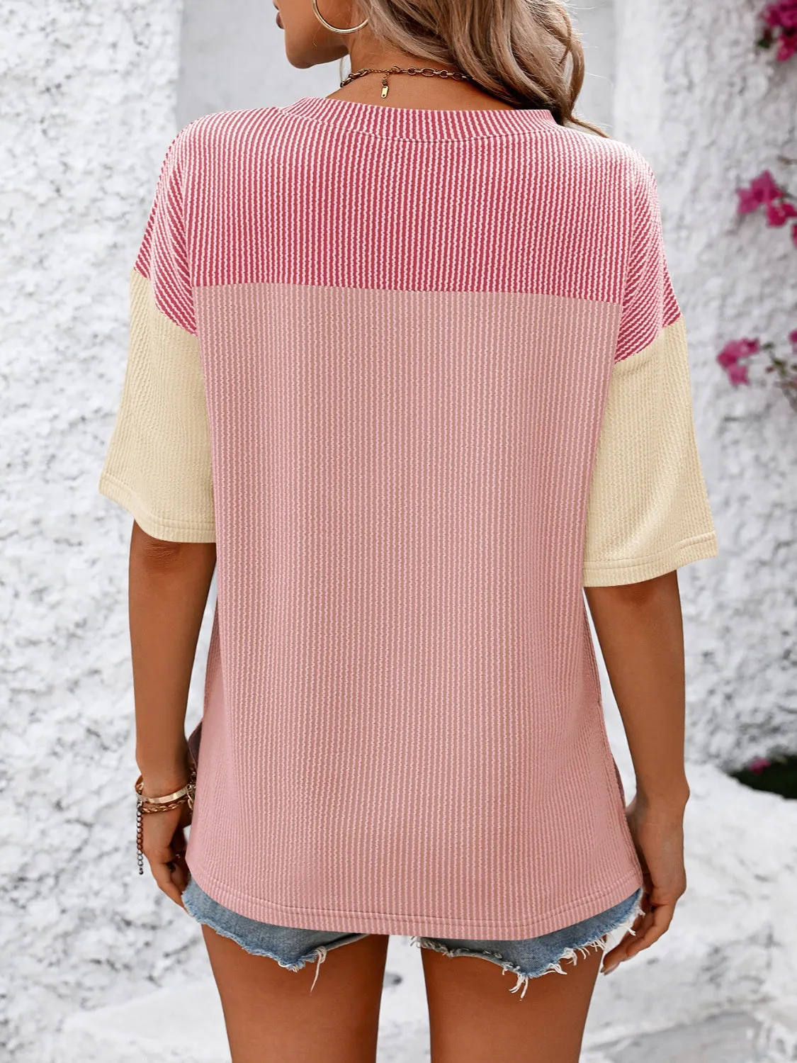 Mandy Color Block Round Neck Half Sleeve Top (6 Colors)