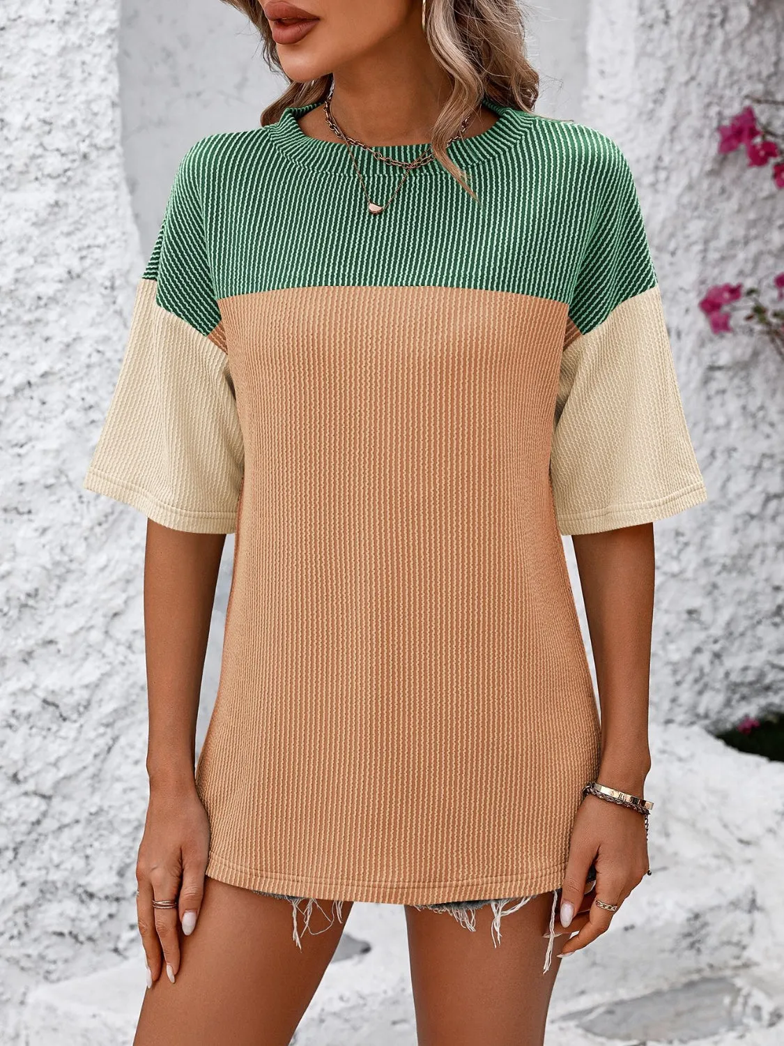 Mandy Color Block Round Neck Half Sleeve Top (6 Colors)