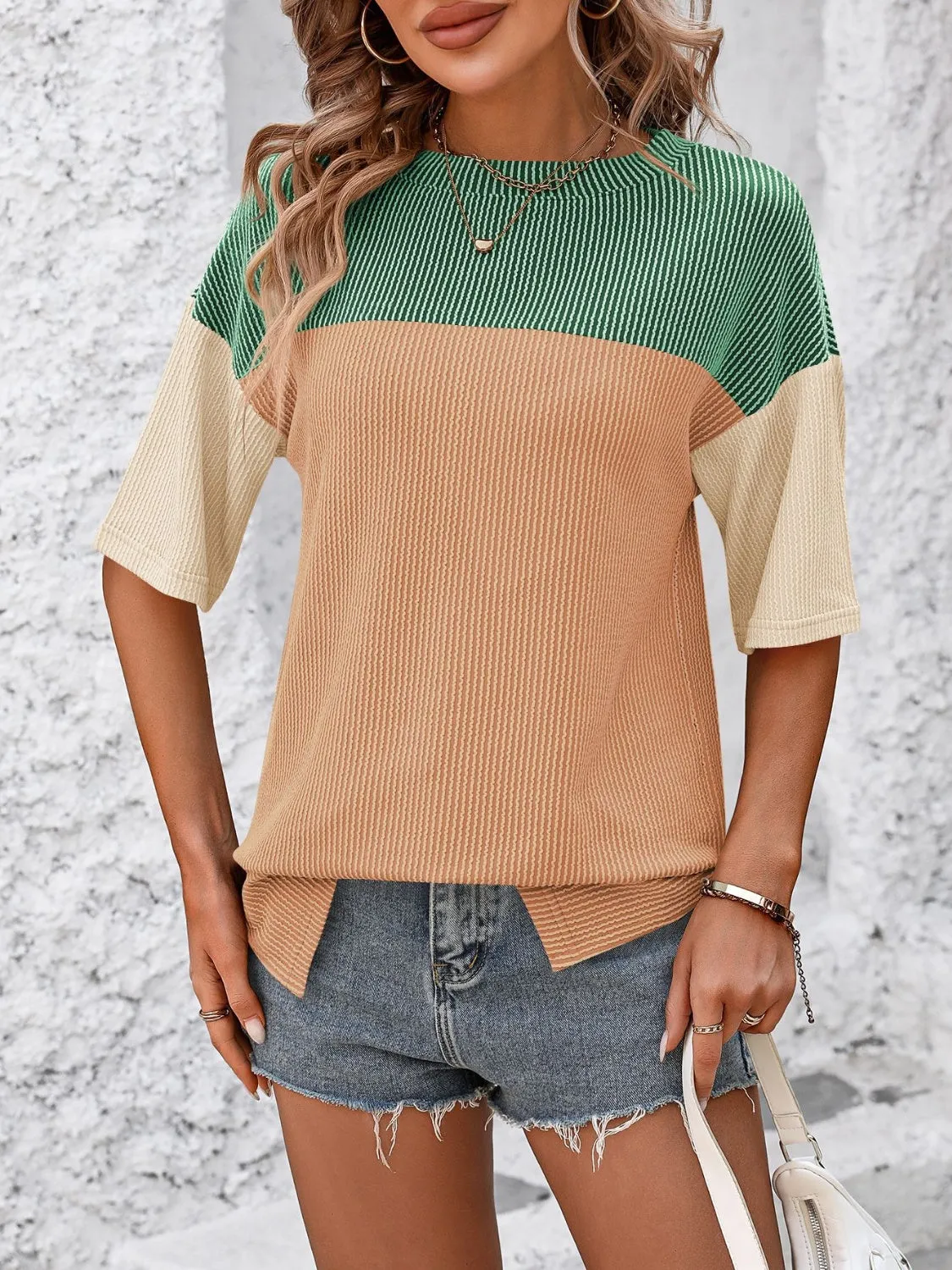 Mandy Color Block Round Neck Half Sleeve Top (6 Colors)