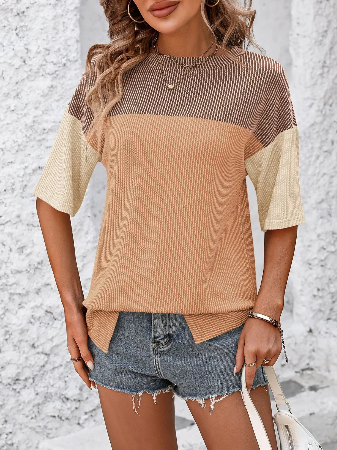 Mandy Color Block Round Neck Half Sleeve Top (6 Colors)
