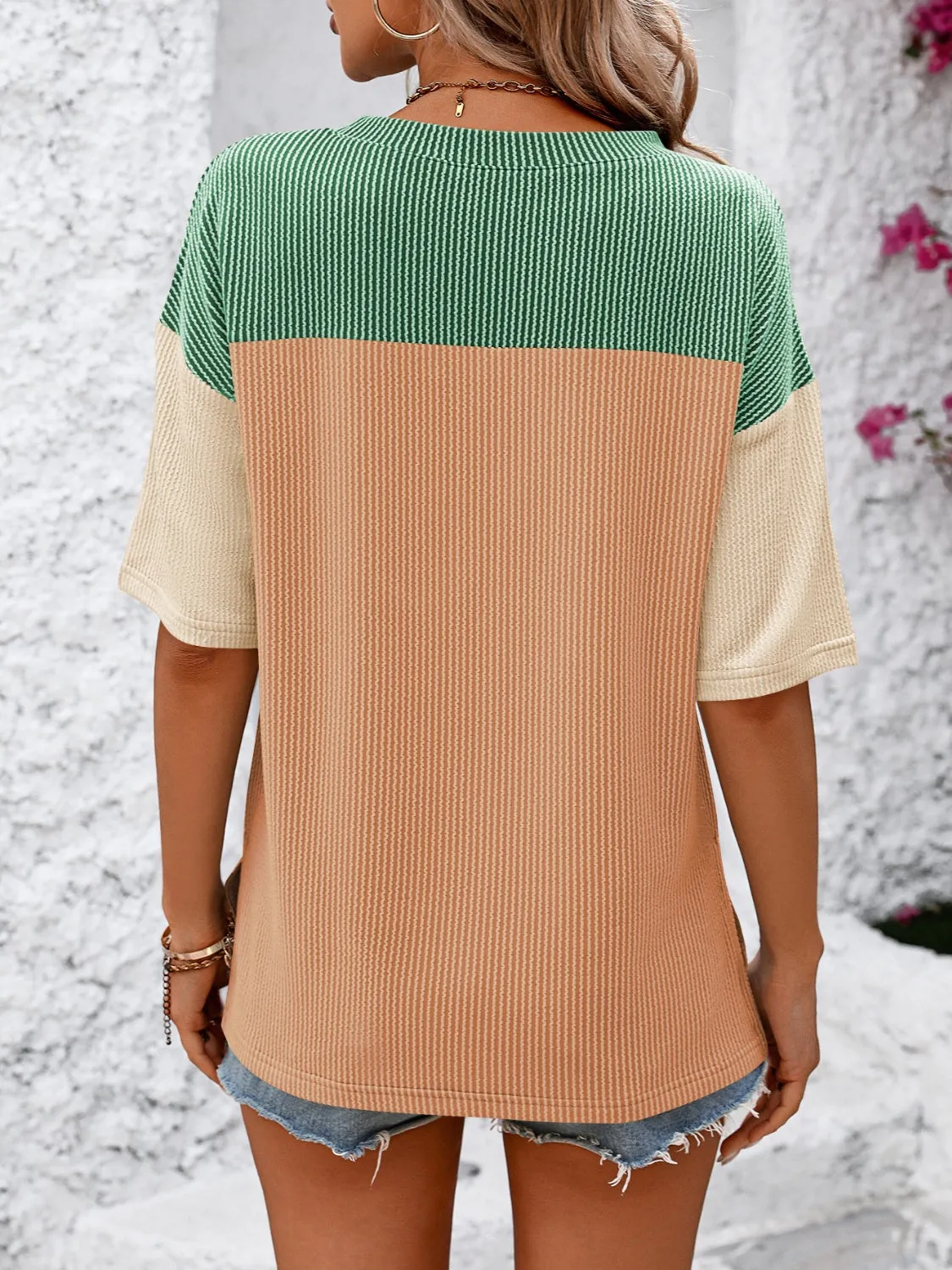 Mandy Color Block Round Neck Half Sleeve Top (6 Colors)