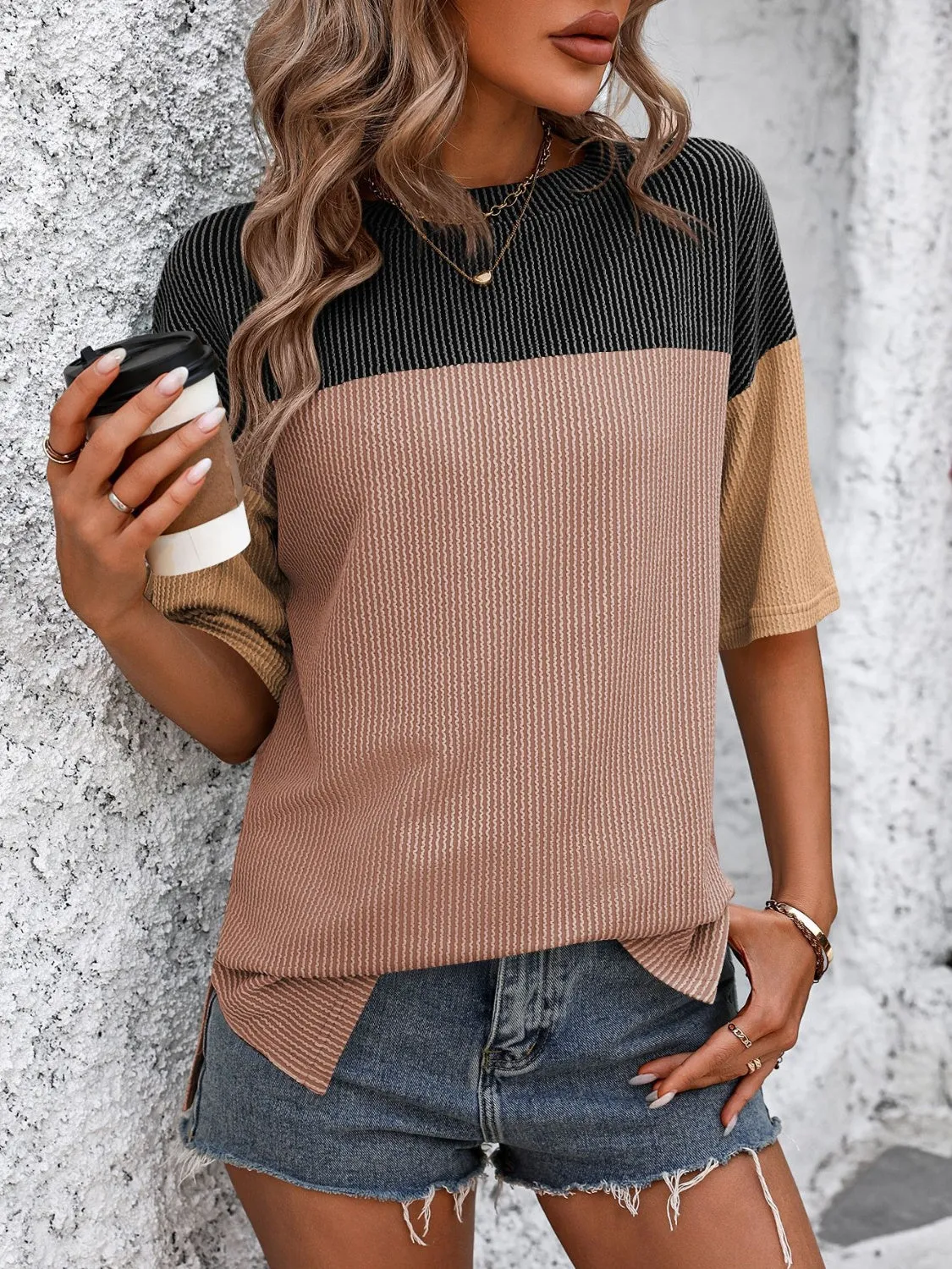 Mandy Color Block Round Neck Half Sleeve Top (6 Colors)