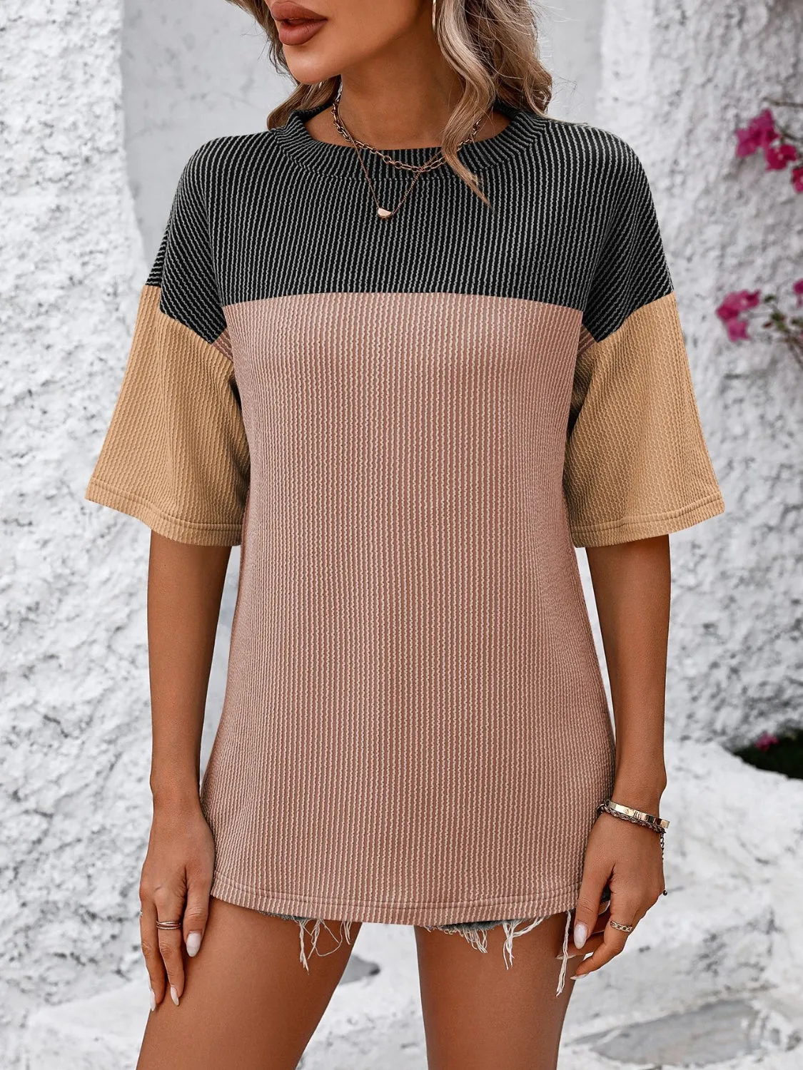 Mandy Color Block Round Neck Half Sleeve Top (6 Colors)
