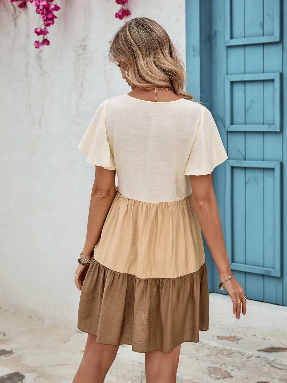 Mary Color Block V-Neck Flutter Sleeve Mini Dress