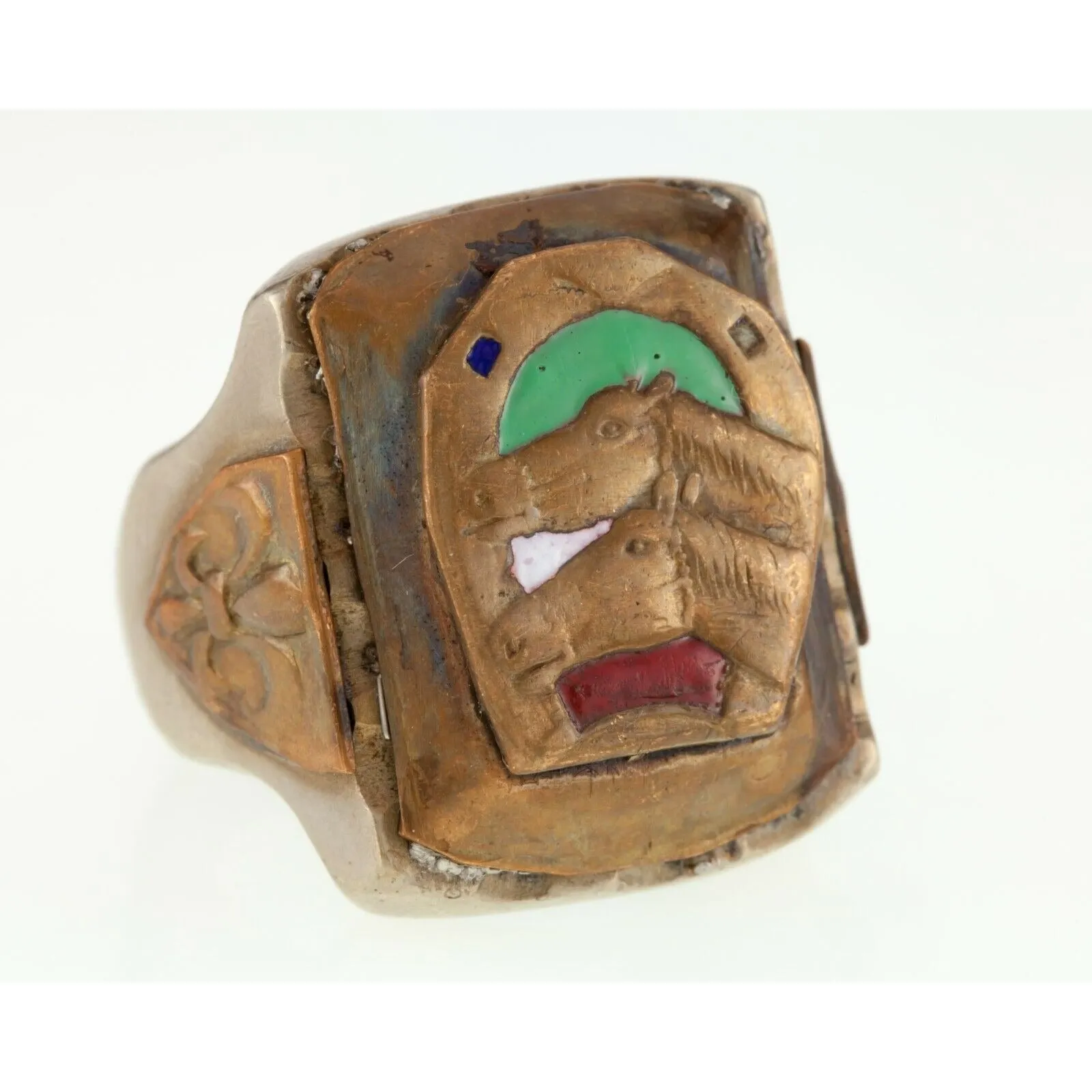 Mexican Biker Ring with Horses and Enamel Accents Size 11.5