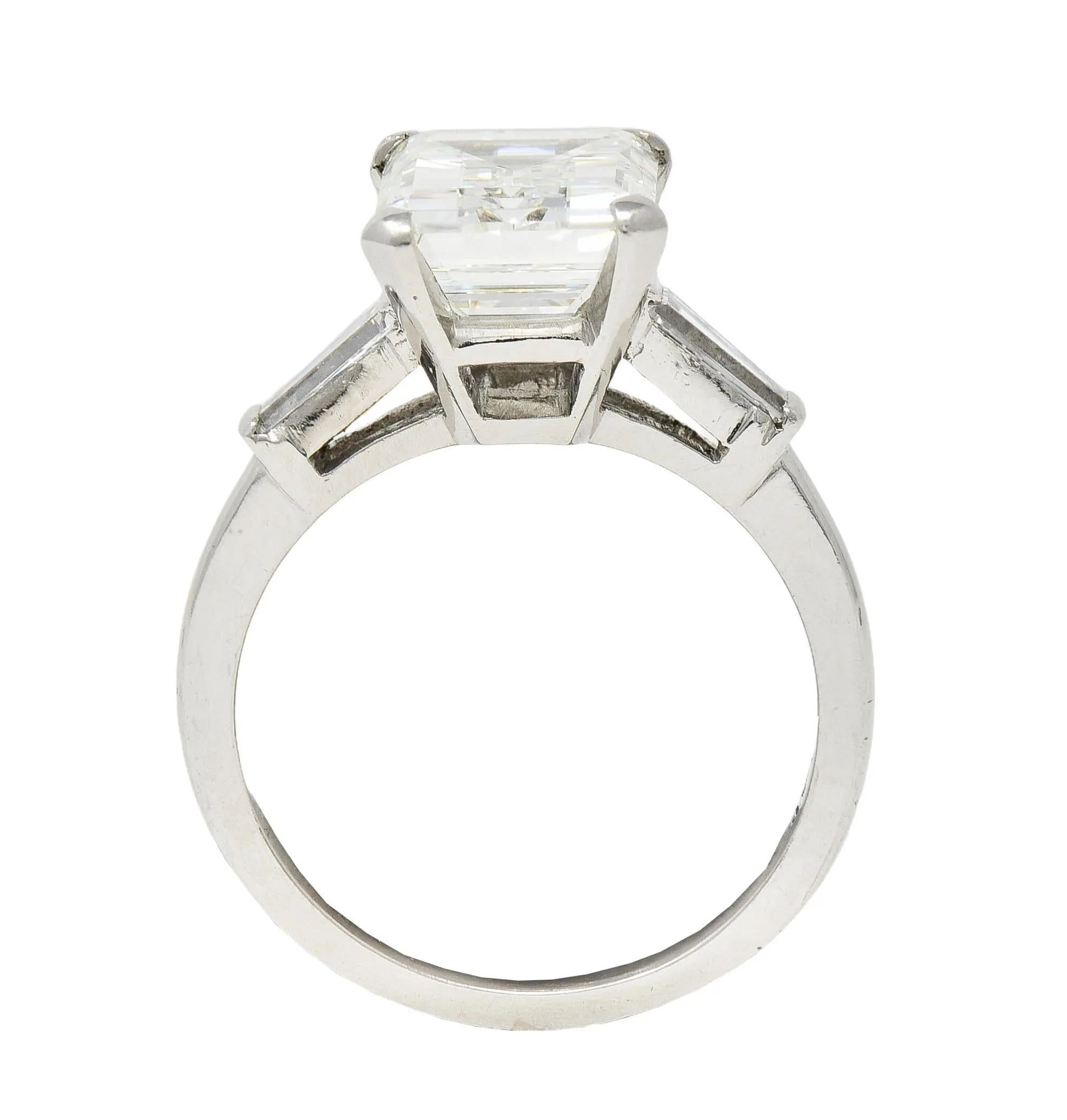 Mid-Century 4.12 CTW Emerald Cut Diamond Platinum Three Stone Vintage Engagement Ring GIA