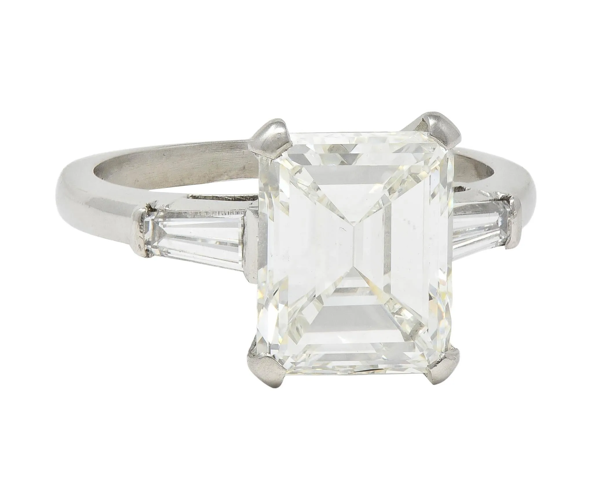 Mid-Century 4.12 CTW Emerald Cut Diamond Platinum Three Stone Vintage Engagement Ring GIA