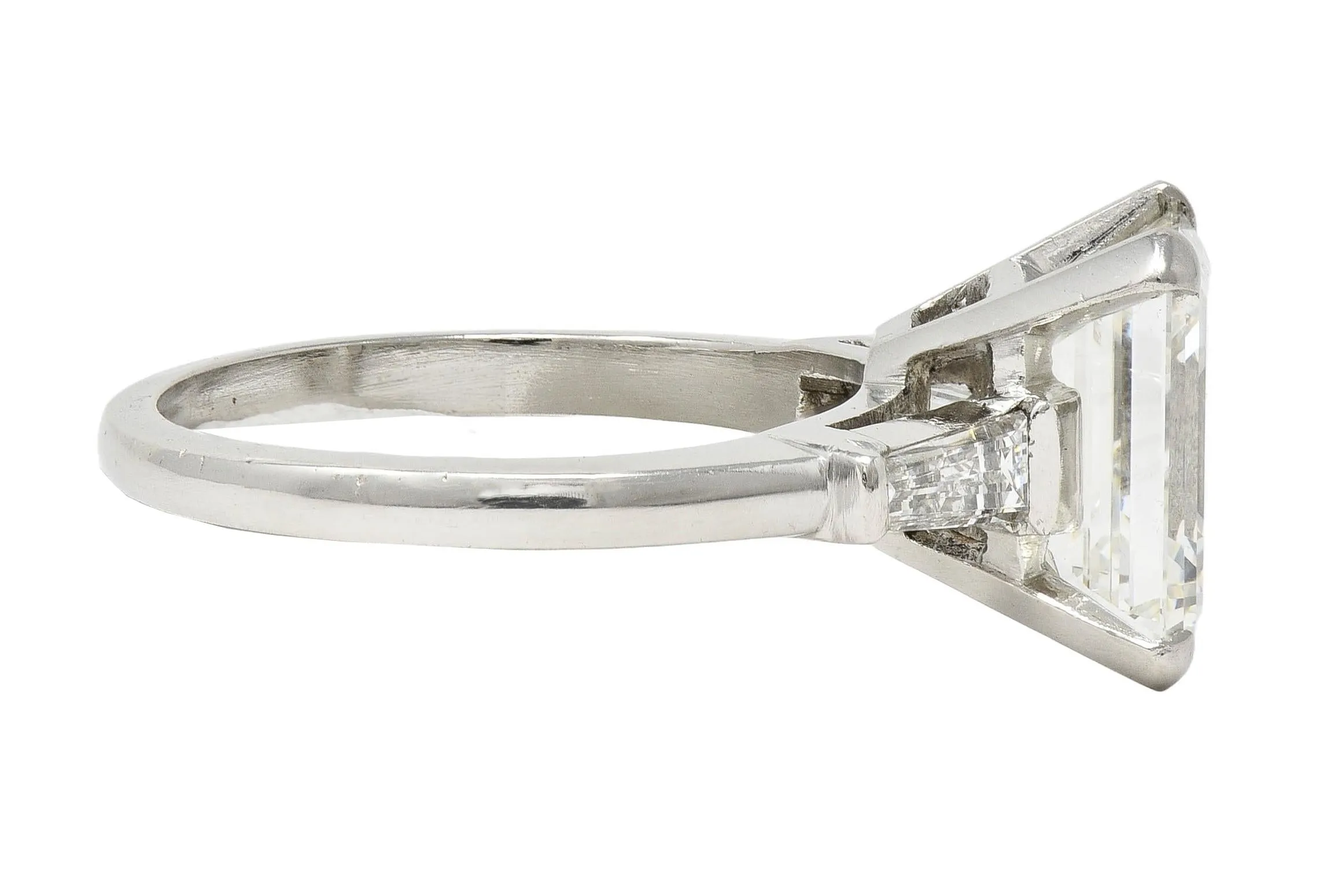 Mid-Century 4.12 CTW Emerald Cut Diamond Platinum Three Stone Vintage Engagement Ring GIA