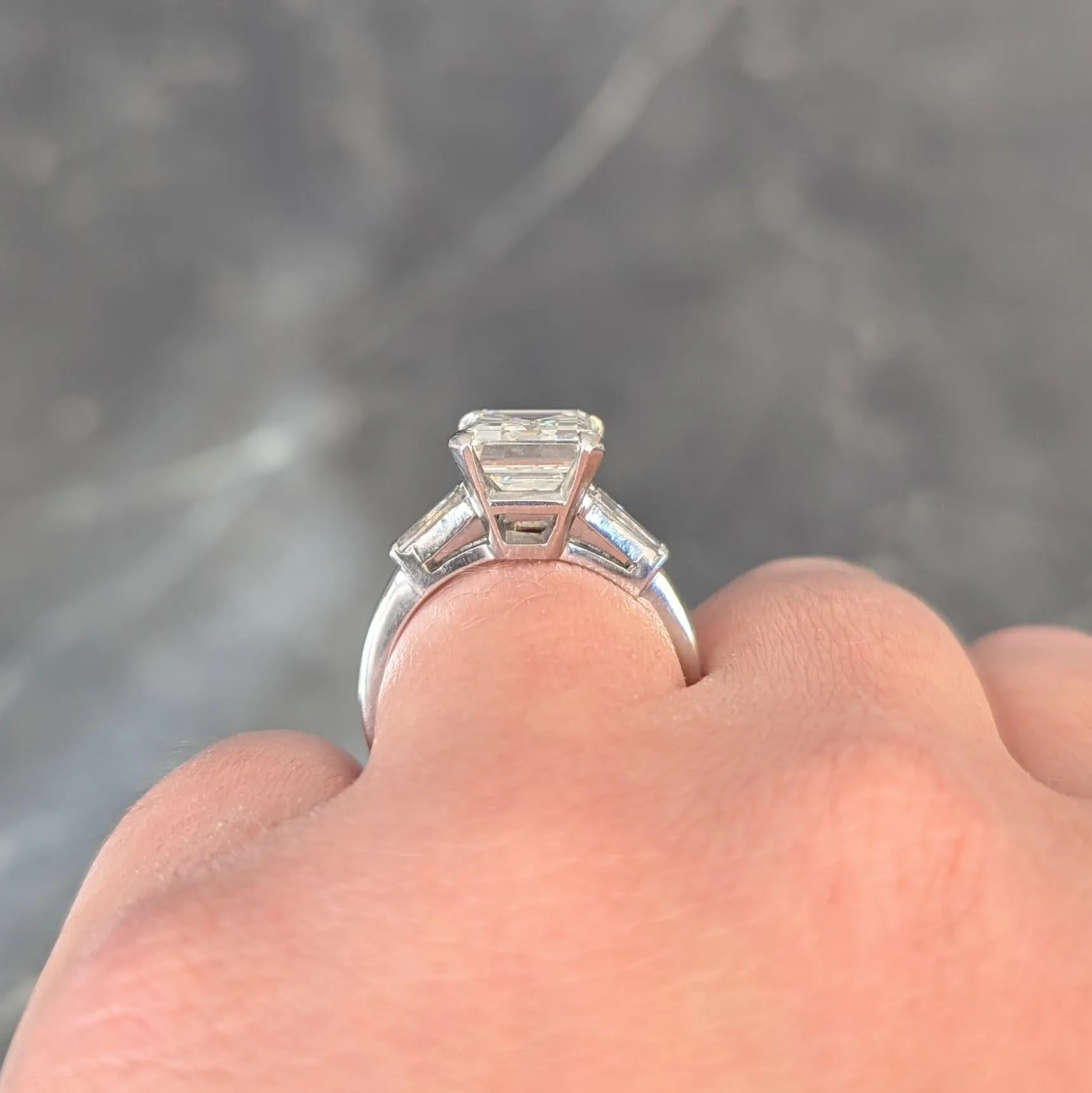 Mid-Century 4.12 CTW Emerald Cut Diamond Platinum Three Stone Vintage Engagement Ring GIA