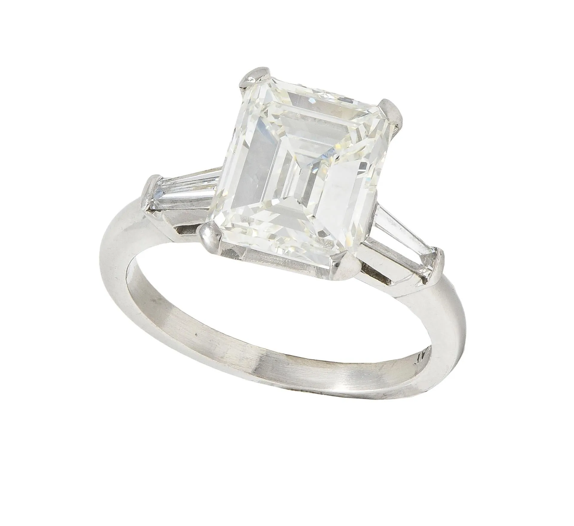 Mid-Century 4.12 CTW Emerald Cut Diamond Platinum Three Stone Vintage Engagement Ring GIA