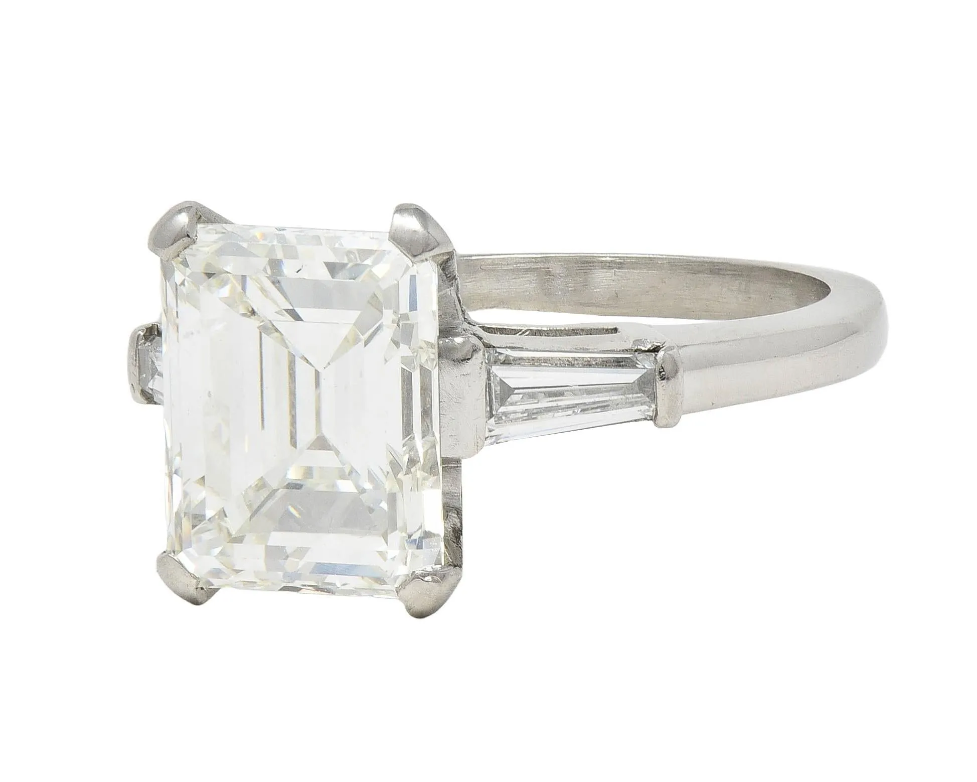 Mid-Century 4.12 CTW Emerald Cut Diamond Platinum Three Stone Vintage Engagement Ring GIA