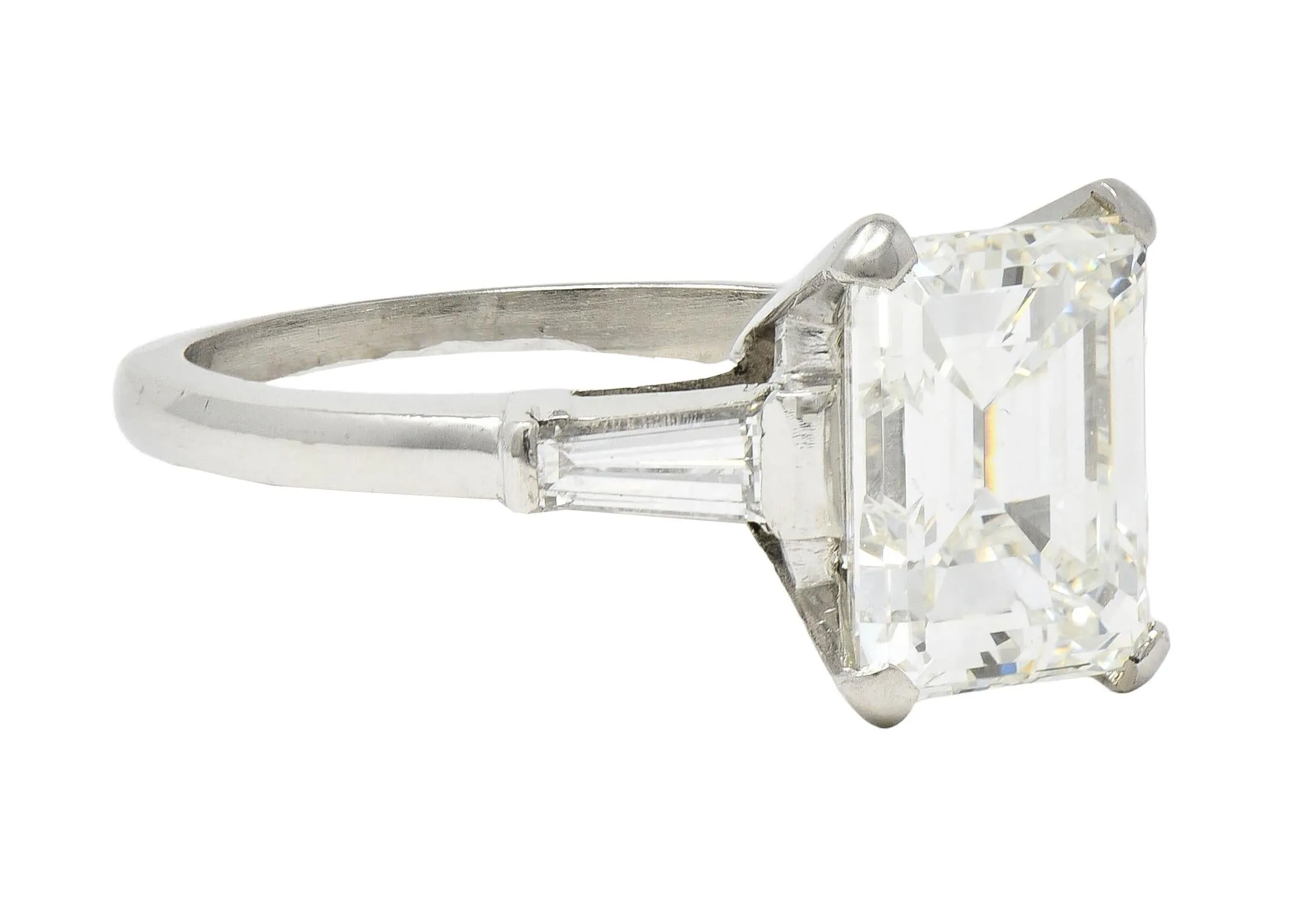 Mid-Century 4.12 CTW Emerald Cut Diamond Platinum Three Stone Vintage Engagement Ring GIA