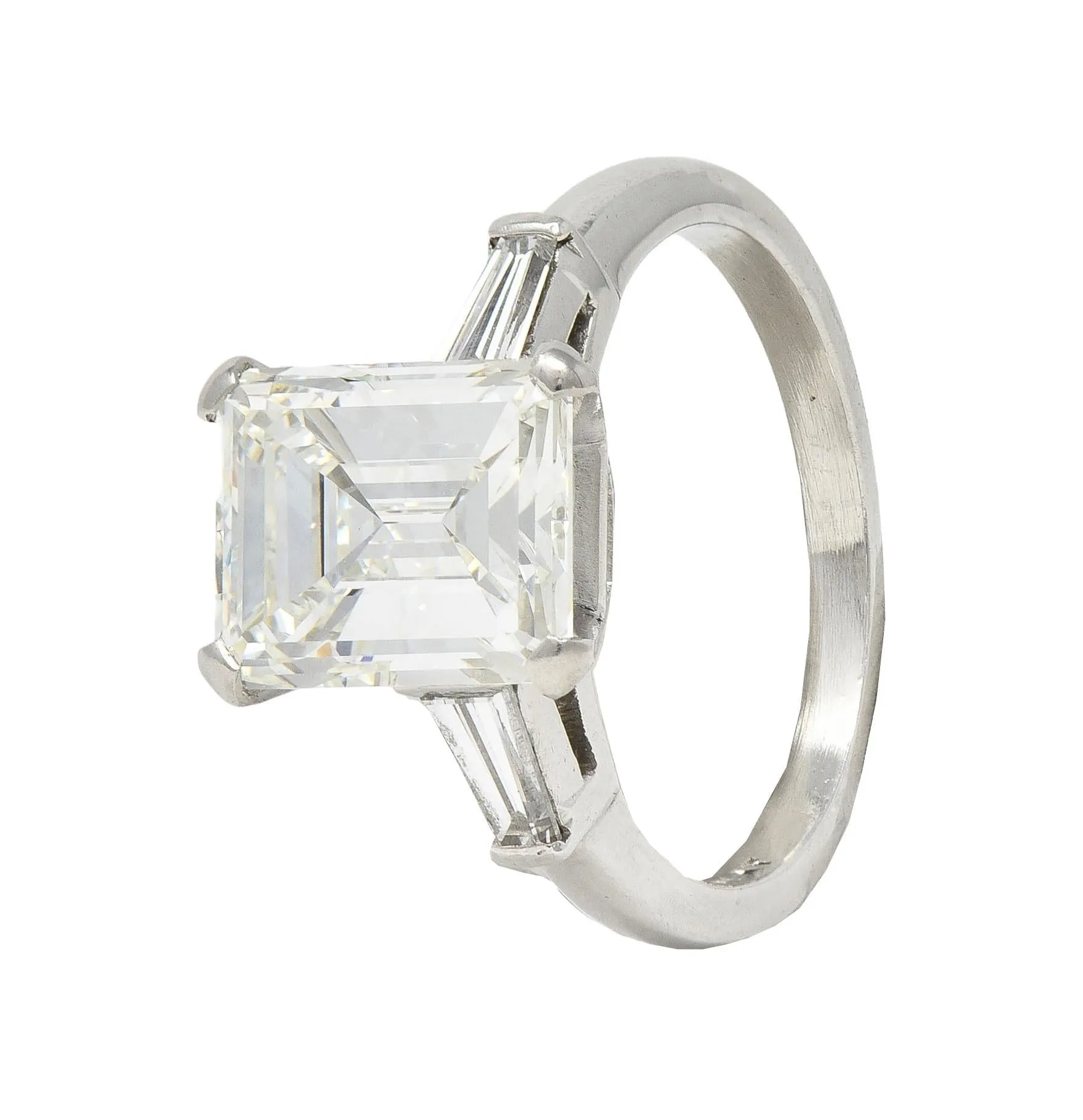 Mid-Century 4.12 CTW Emerald Cut Diamond Platinum Three Stone Vintage Engagement Ring GIA