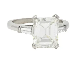 Mid-Century 4.12 CTW Emerald Cut Diamond Platinum Three Stone Vintage Engagement Ring GIA