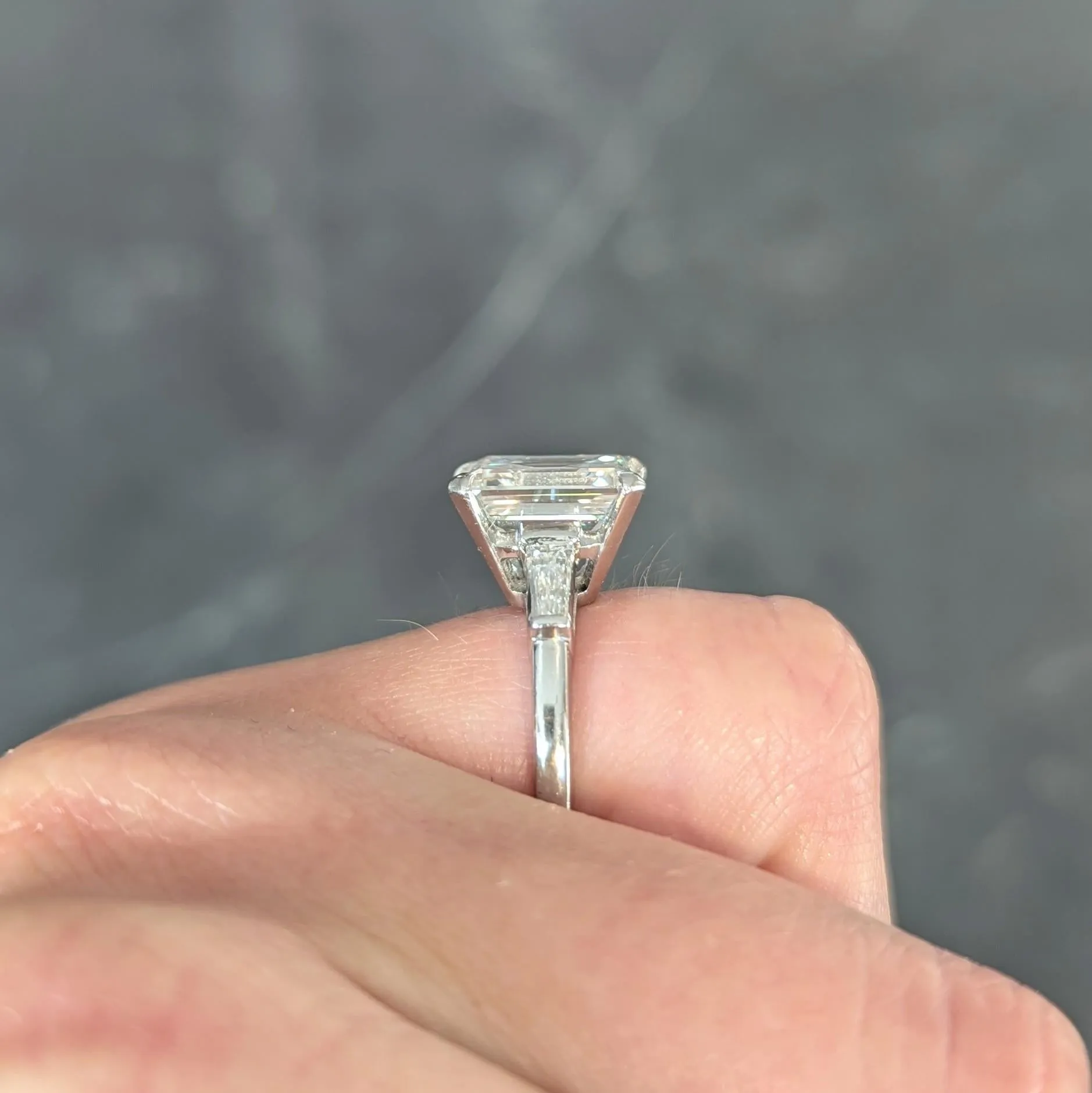 Mid-Century 4.12 CTW Emerald Cut Diamond Platinum Three Stone Vintage Engagement Ring GIA