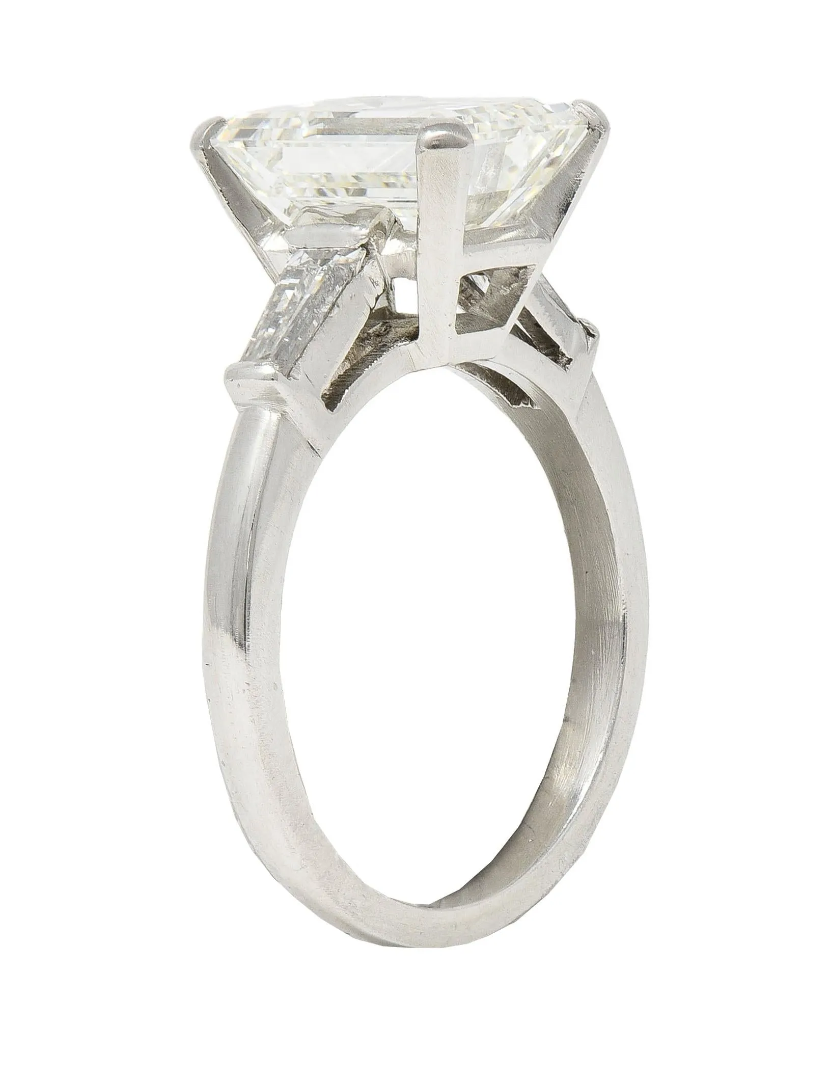 Mid-Century 4.12 CTW Emerald Cut Diamond Platinum Three Stone Vintage Engagement Ring GIA