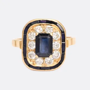 Mid-Century Sapphire & Diamond Cushion Cluster Ring