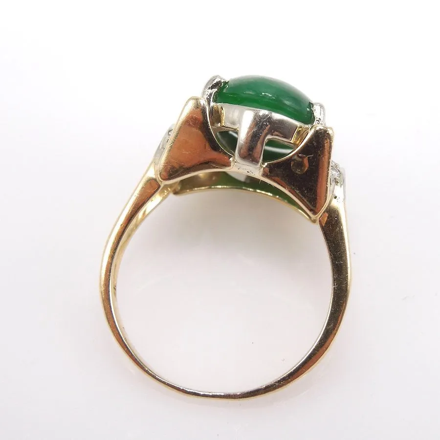 Midcentury Jade and Diamond Ring in Yellow Gold