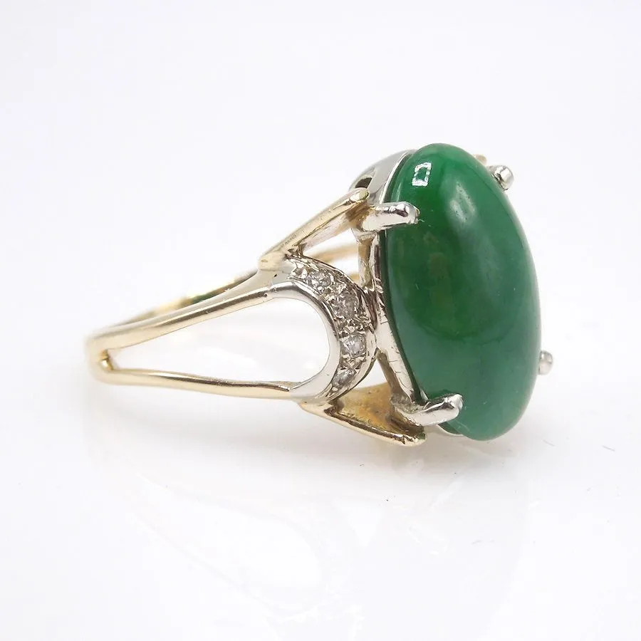 Midcentury Jade and Diamond Ring in Yellow Gold