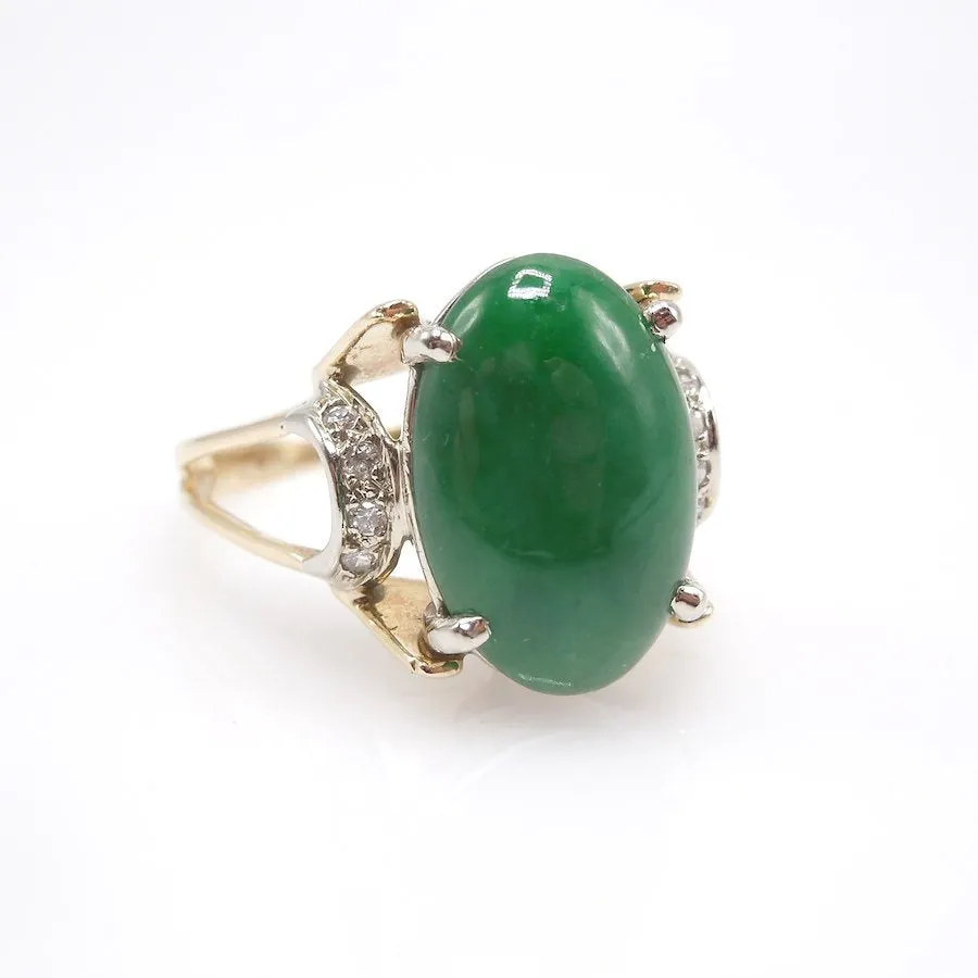 Midcentury Jade and Diamond Ring in Yellow Gold