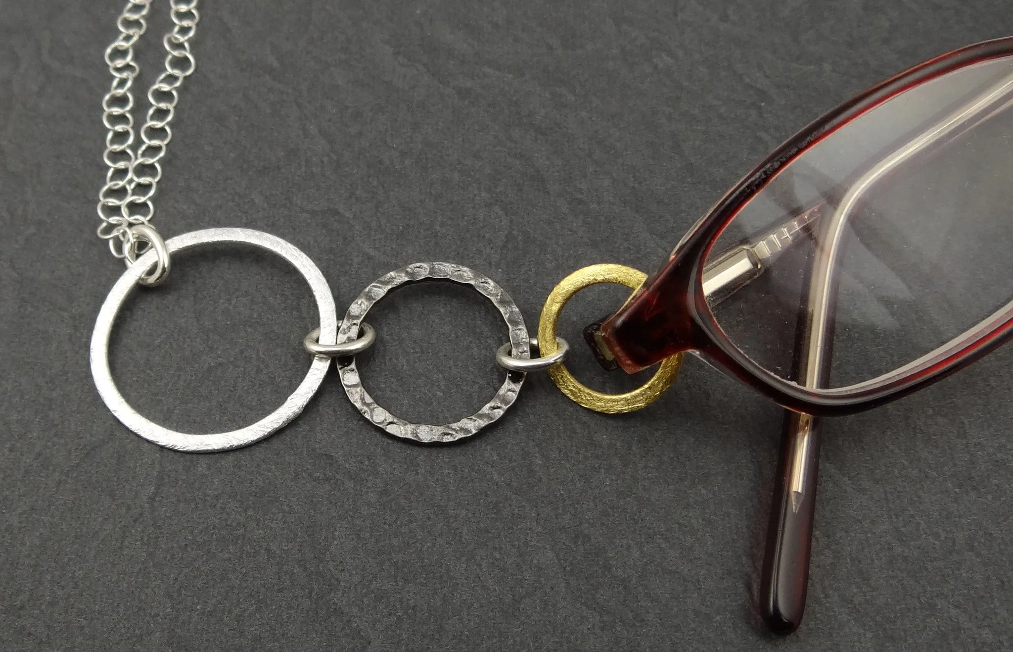 Mixed Metal #2 - Silver, Steel & Gold Triple Ring Eyeglass Necklace