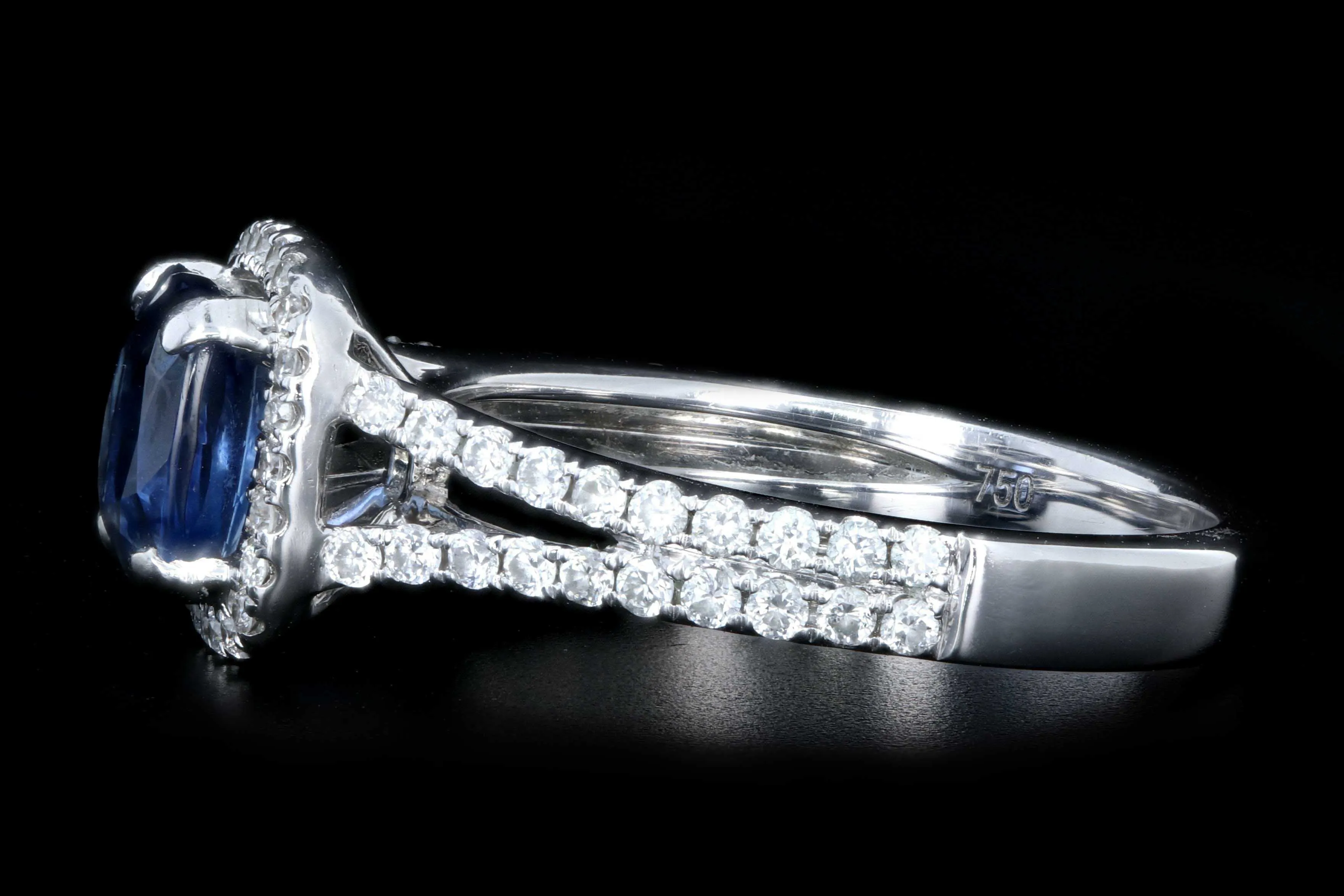 Modern 18K White Gold 1.25 Natural Sapphire and Diamond Halo Ring